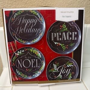 Pier 1 Black Holiday Salad Plates with Red and Green Accents (Set of 4) 8”